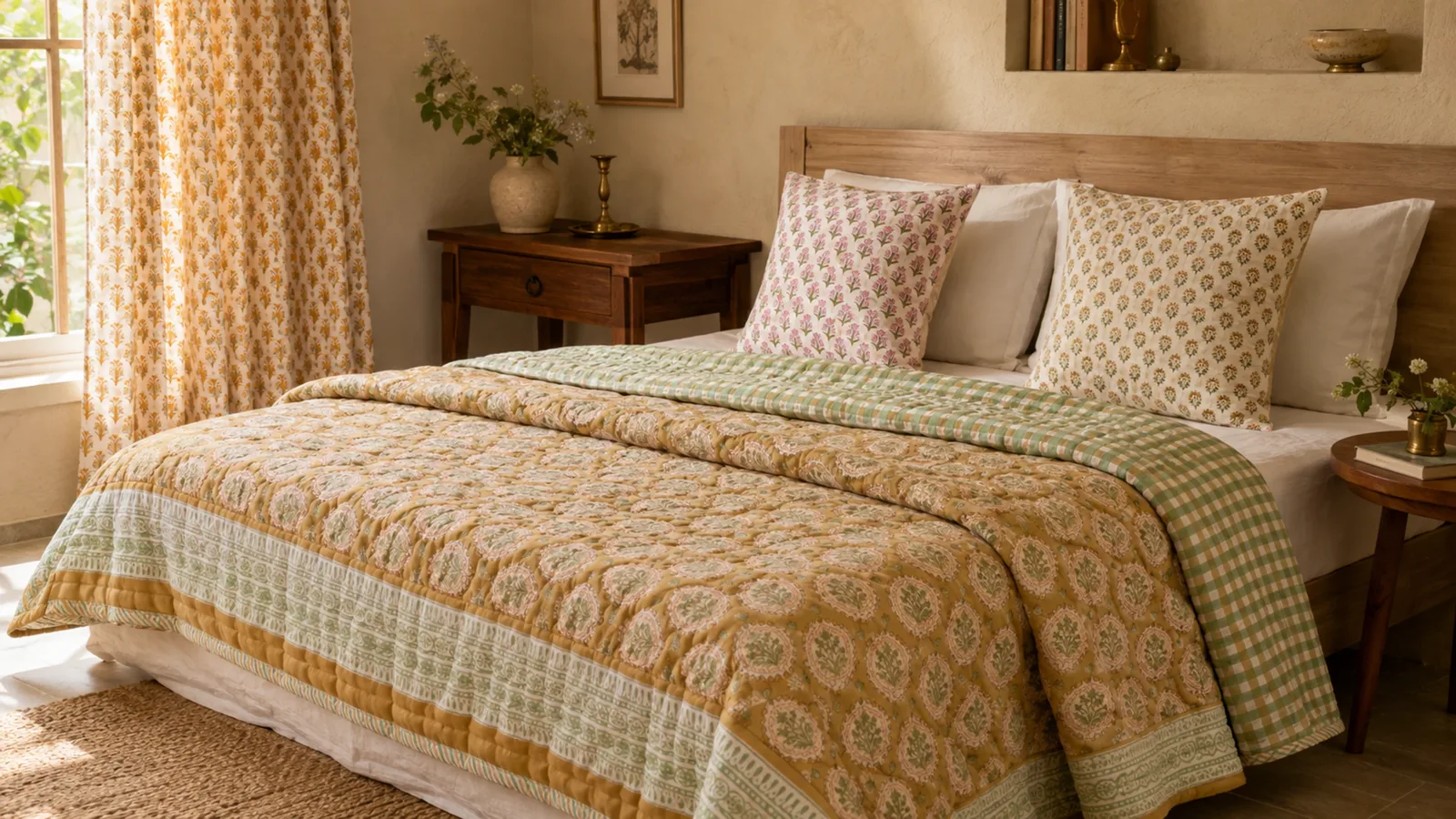 A warm bedroom styled with a Sage Gingham and Honey quilt, two floral cushion covers, and Marigold yellow block print curtains.