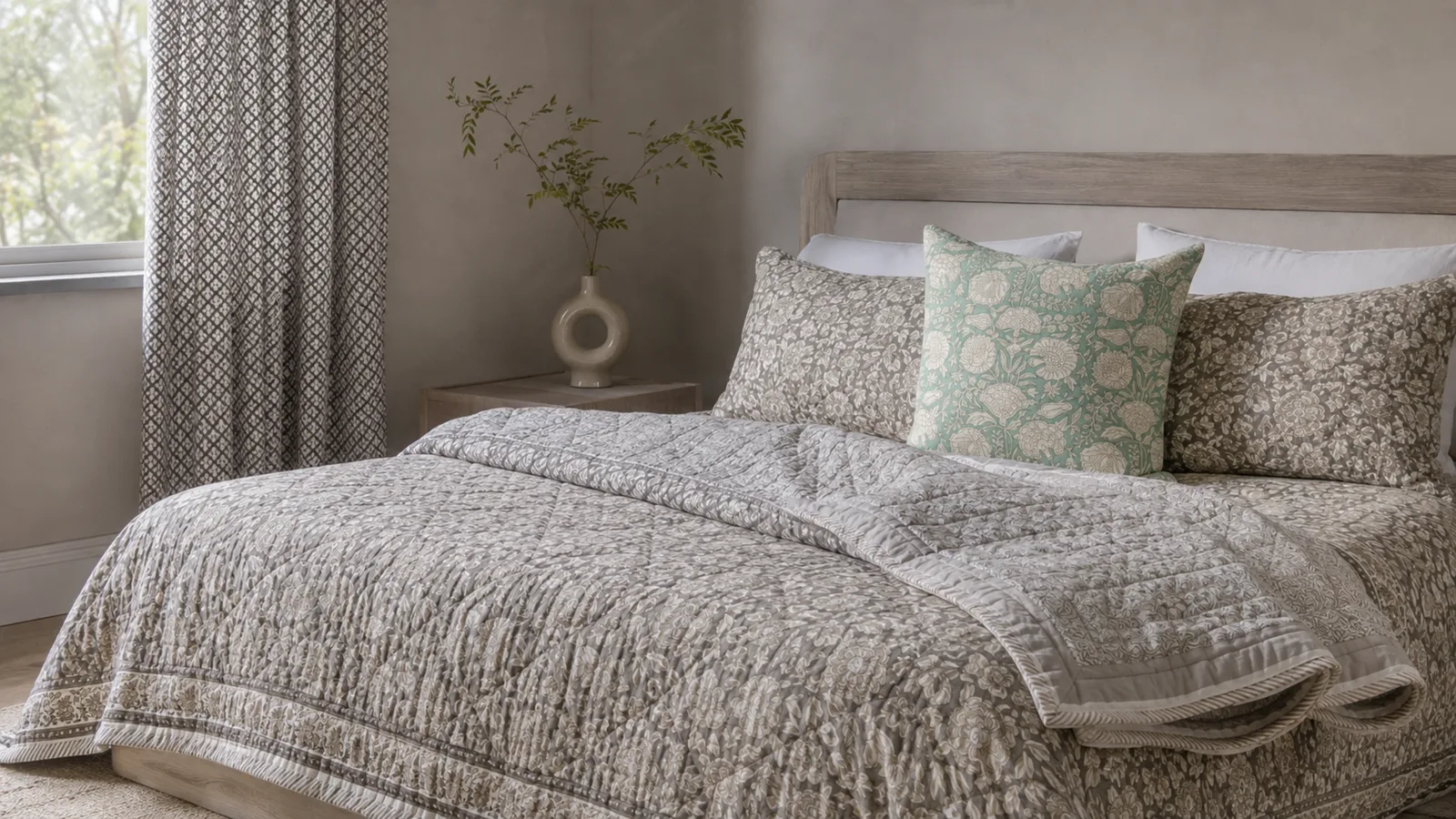 A quiet bedroom with a grey floral quilt and softly patterned curtains